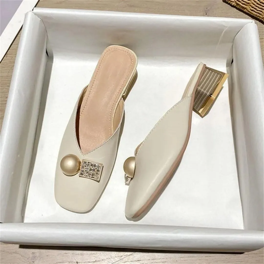 WomenS Korean Style Low Square Heel Metal Decoration PU Leather Pull On Mules for Daily Shopping and Walking