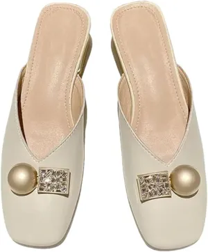 WomenS Korean Style Low Square Heel Metal Decoration PU Leather Pull On Mules for Daily Shopping and Walking