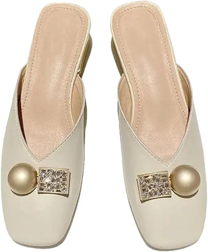 WomenS Korean Style Low Square Heel Metal Decoration PU Leather Pull On Mules for Daily Shopping and Walking