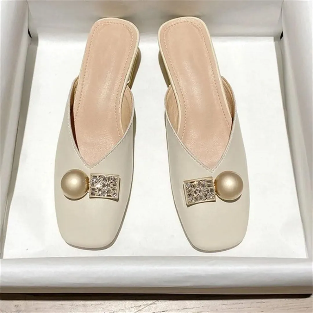 WomenS Korean Style Low Square Heel Metal Decoration PU Leather Pull On Mules for Daily Shopping and Walking