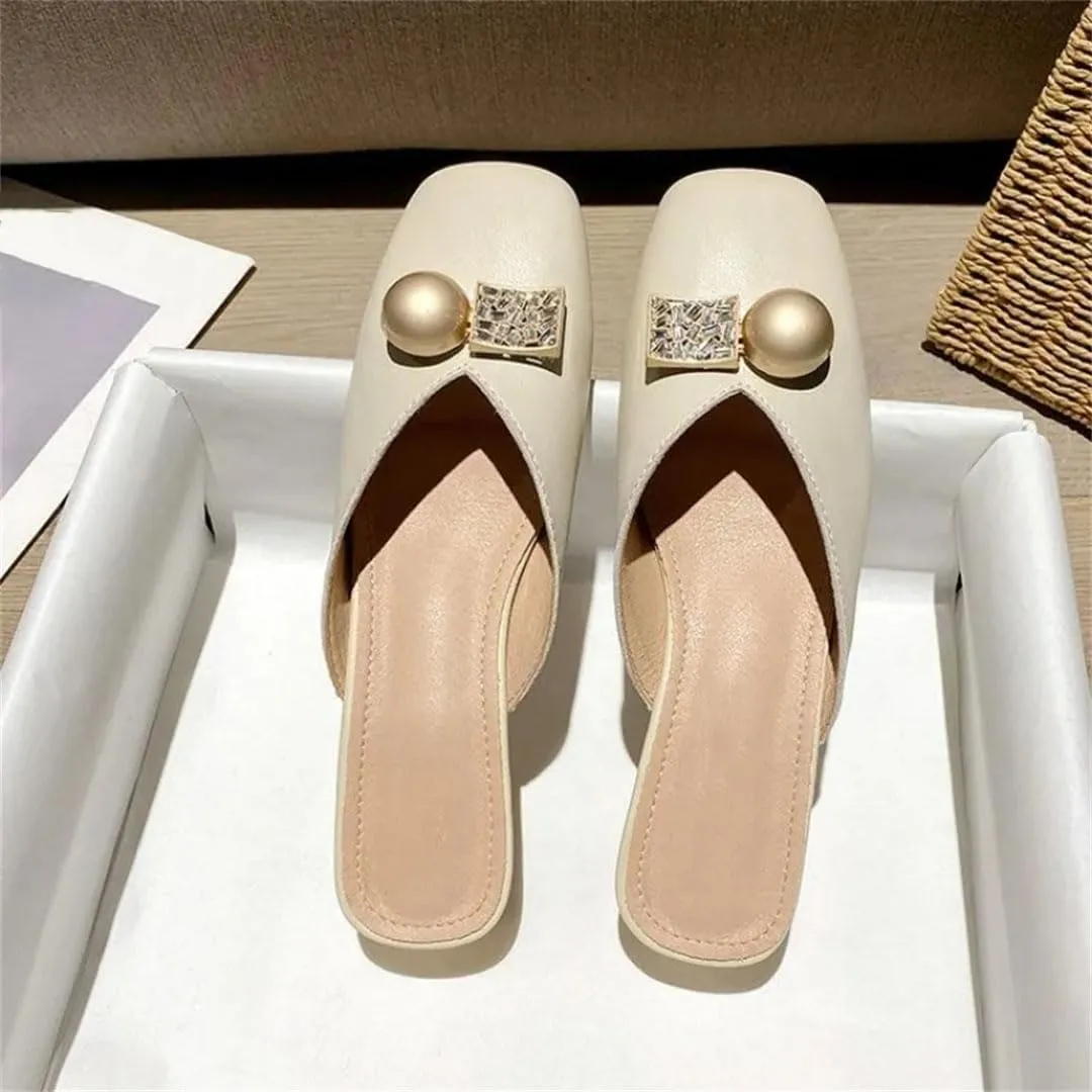 WomenS Korean Style Low Square Heel Metal Decoration PU Leather Pull On Mules for Daily Shopping and Walking