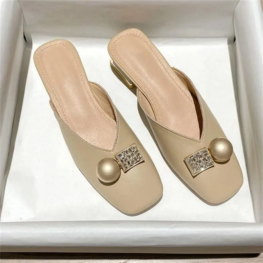 WomenS Korean Style Low Square Heel Metal Decoration PU Leather Pull On Mules for Daily Shopping and Walking