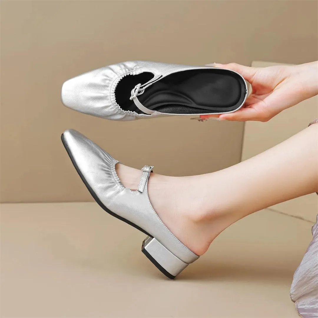 WomenS Korean Style Square Toe Slip On Med Square Heel Office Mules for Daily Shopping and Walking