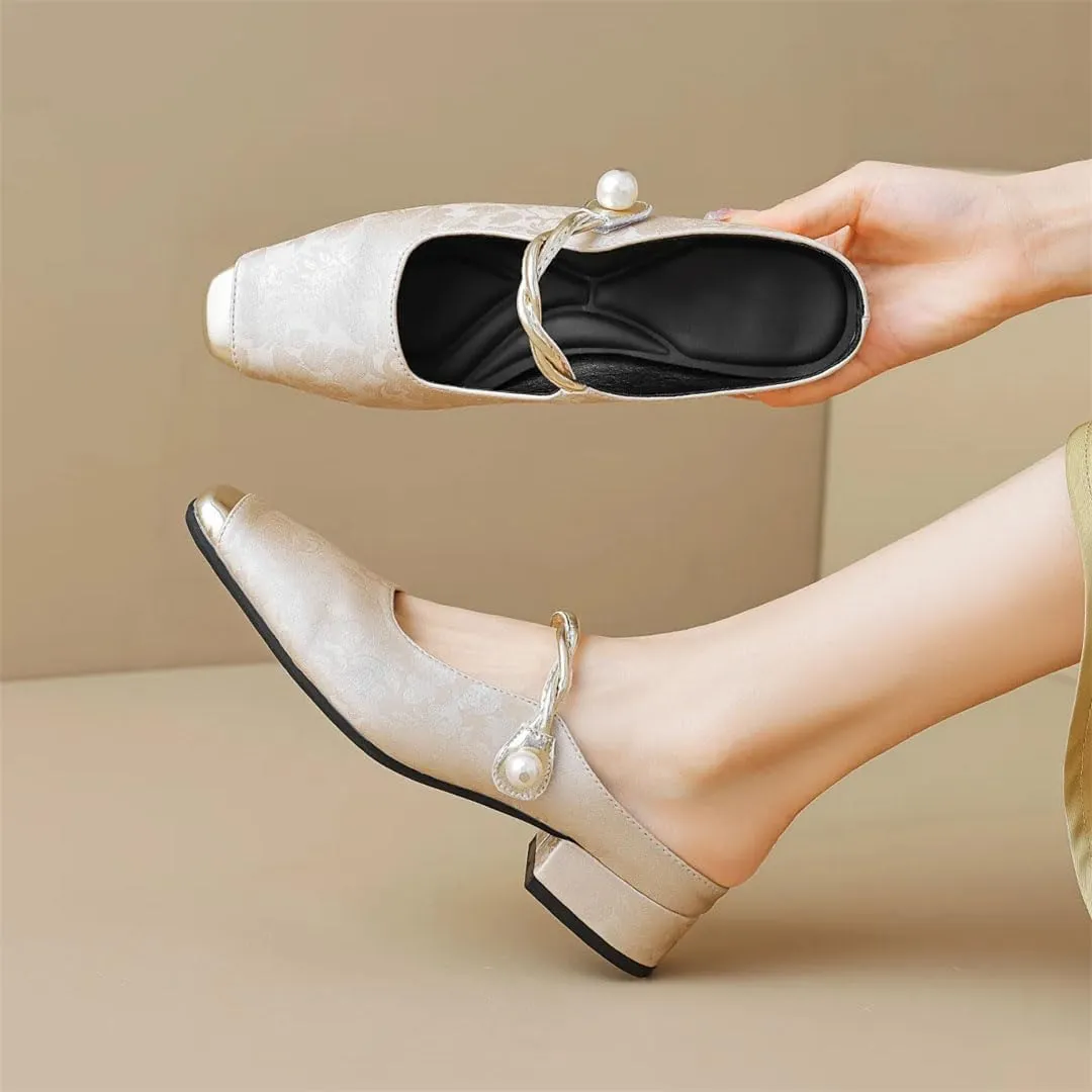 WomenS Korean Style Square Toe Slip On Med Square Heel Shallow Mules for Daily Shopping and Walking