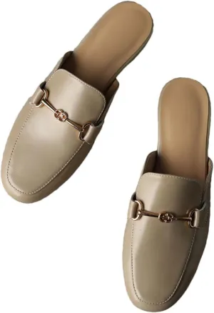 WomenS Large Size Genuine Leather Horsebit Round Closed Toe Block Heel Slip On Low Heel Classic Mules