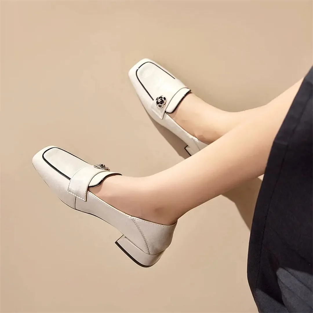 WomenS Leather Round Toe Thick Mid Heel Slip-On Elegant Versatile Mules for Daily Shopping and Walking