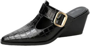 WomenS Leisure Genuine Leather Pointed Toe High Wedge Heel Belt Buckle Mules for Daily Shopping and Walking