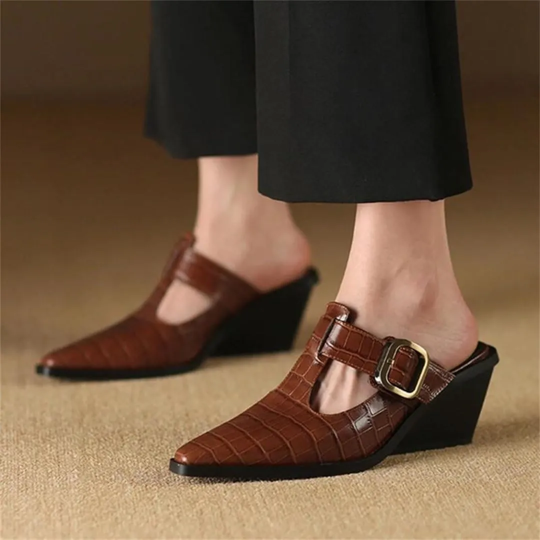 WomenS Leisure Genuine Leather Pointed Toe High Wedge Heel Belt Buckle Mules for Daily Shopping and Walking