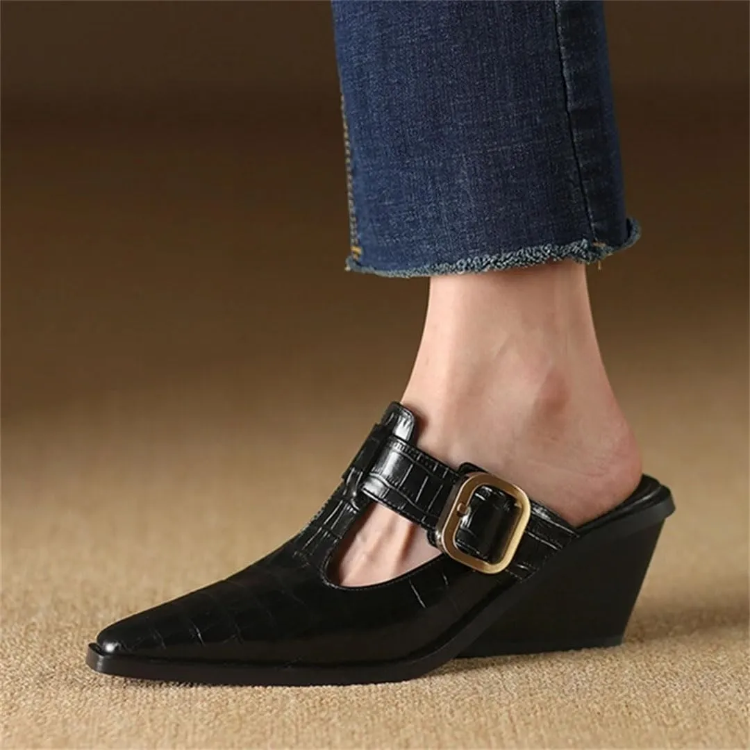 WomenS Leisure Genuine Leather Pointed Toe High Wedge Heel Belt Buckle Mules for Daily Shopping and Walking