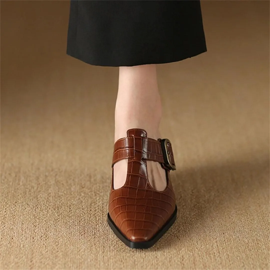 WomenS Leisure Genuine Leather Pointed Toe High Wedge Heel Belt Buckle Mules for Daily Shopping and Walking