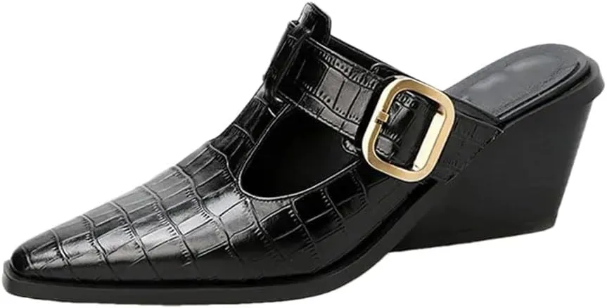 WomenS Leisure Genuine Leather Pointed Toe High Wedge Heel Belt Buckle Mules for Daily Shopping and Walking