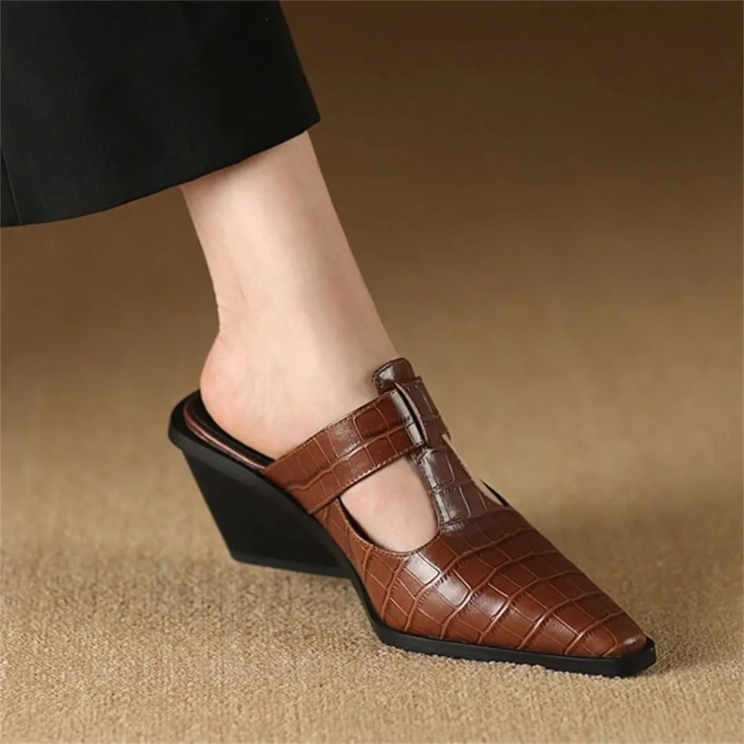 WomenS Leisure Genuine Leather Pointed Toe High Wedge Heel Belt Buckle Mules for Daily Shopping and Walking