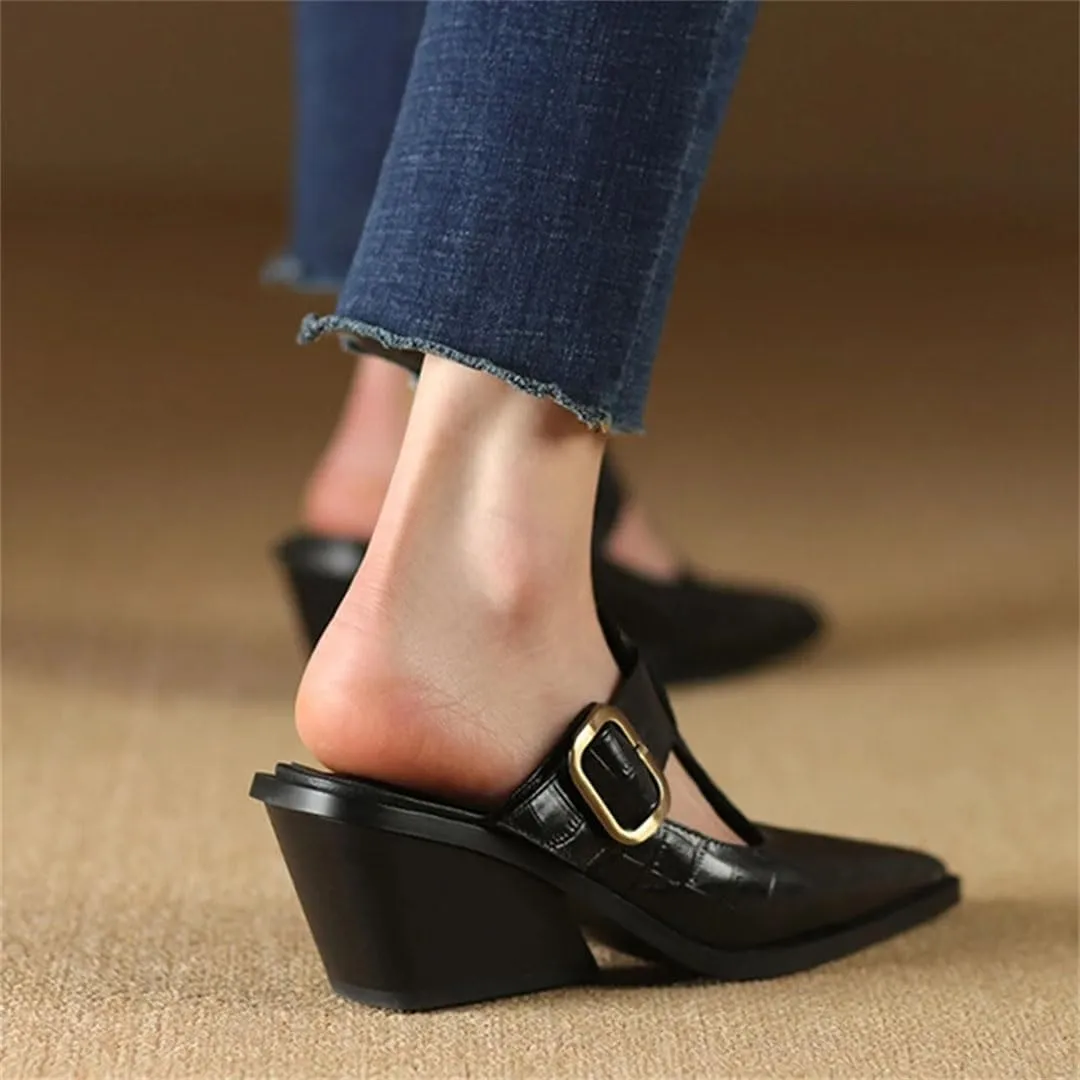 WomenS Leisure Genuine Leather Pointed Toe High Wedge Heel Belt Buckle Mules for Daily Shopping and Walking