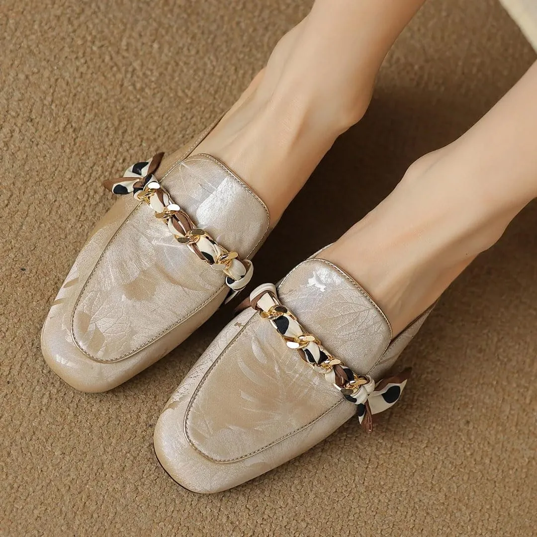 WomenS Leisure Genuine Leather Square Toe Slip On Chain Decoration Daily Mules for Daily Shopping and Walking