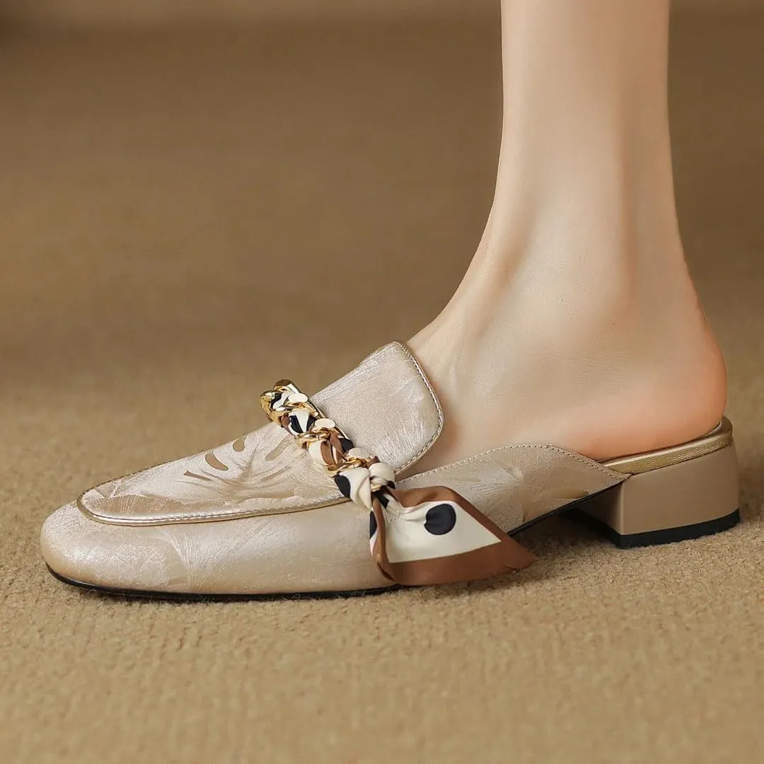 WomenS Leisure Genuine Leather Square Toe Slip On Chain Decoration Daily Mules for Daily Shopping and Walking