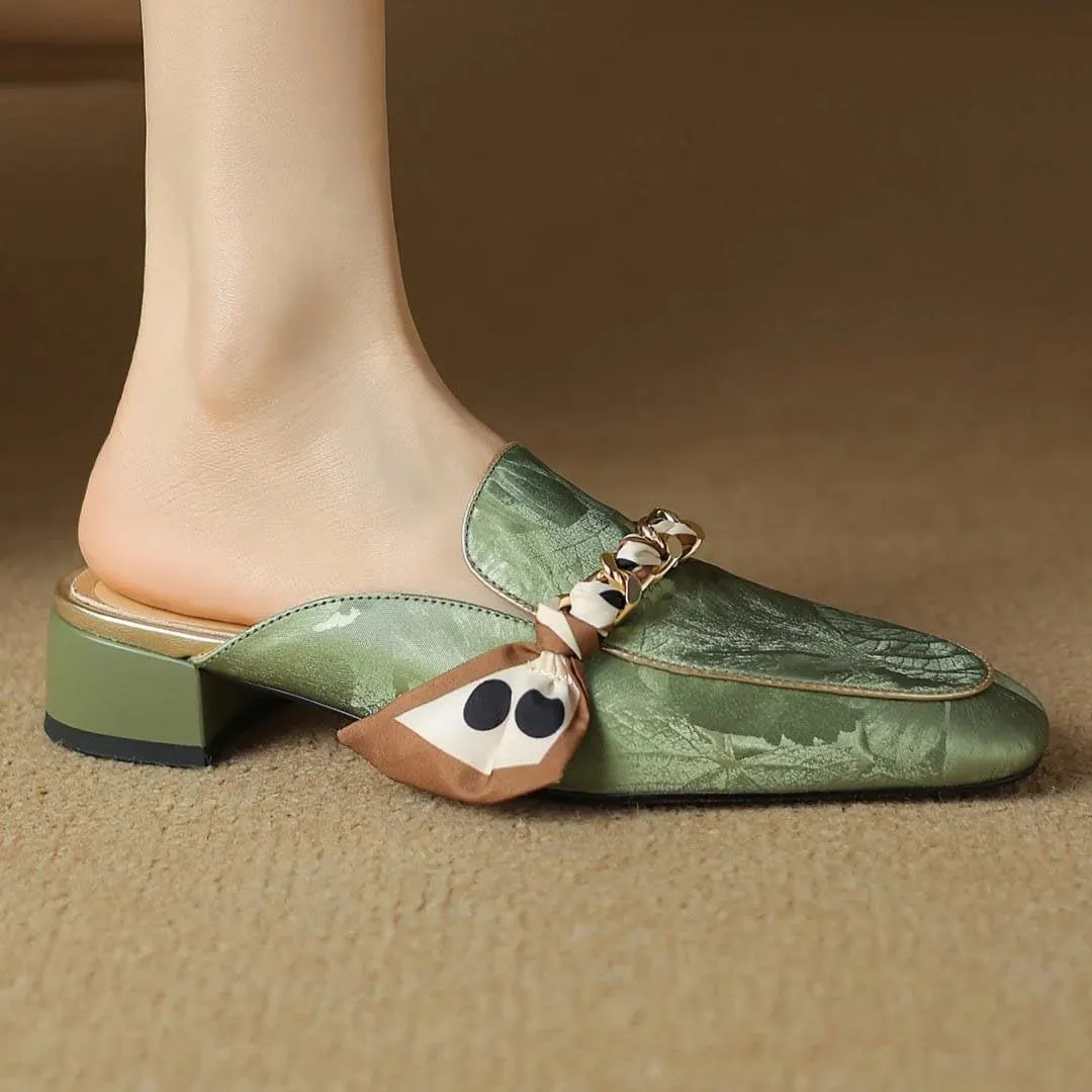 WomenS Leisure Genuine Leather Square Toe Slip On Chain Decoration Daily Mules for Daily Shopping and Walking