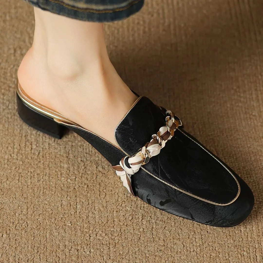 WomenS Leisure Genuine Leather Square Toe Slip On Chain Decoration Daily Mules for Daily Shopping and Walking