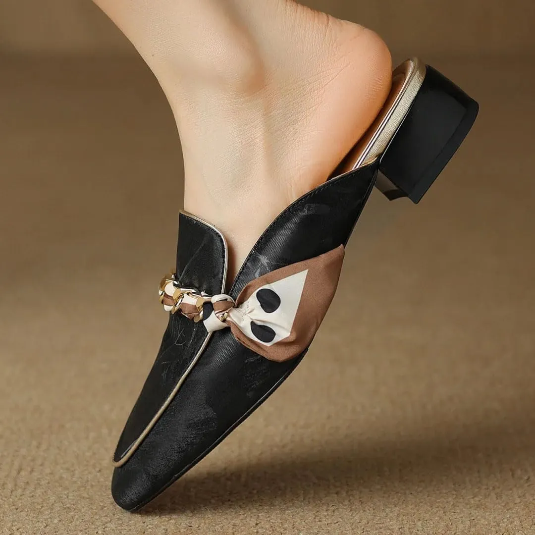 WomenS Leisure Genuine Leather Square Toe Slip On Chain Decoration Daily Mules for Daily Shopping and Walking