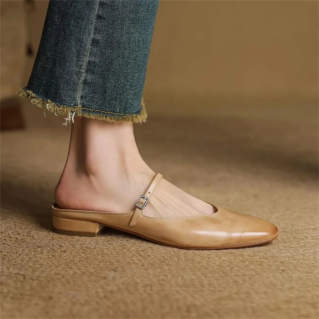 WomenS Leisure Genuine Leather Squared Toe Covered Toe Low Square Heel Buckle Mules