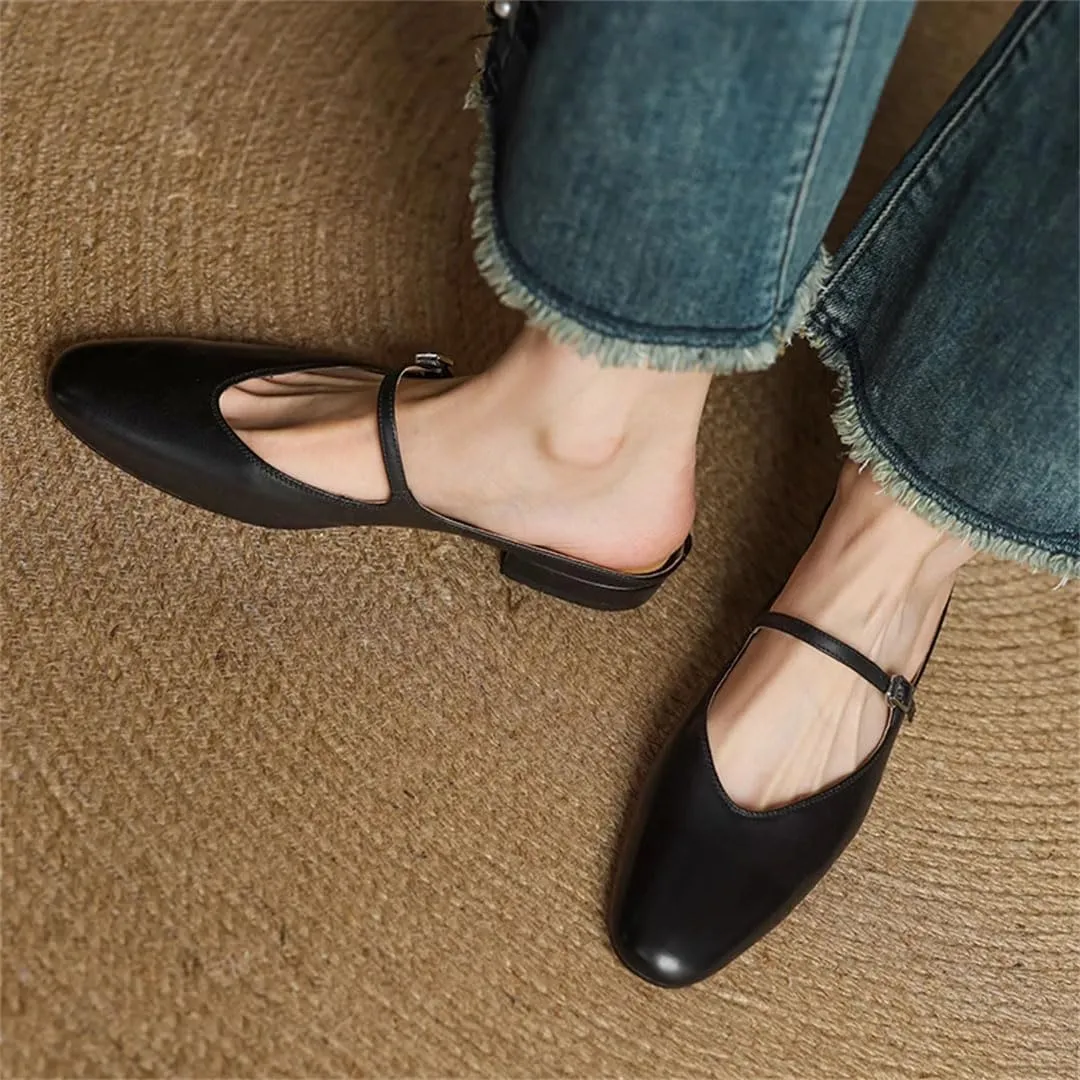 WomenS Leisure Genuine Leather Squared Toe Covered Toe Low Square Heel Buckle Mules