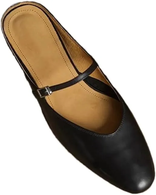 WomenS Leisure Genuine Leather Squared Toe Covered Toe Low Square Heel Buckle Mules