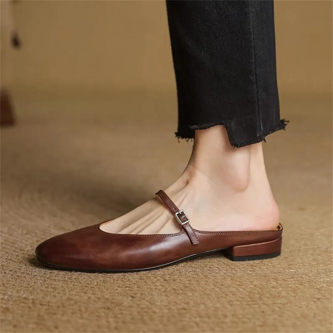 WomenS Leisure Genuine Leather Squared Toe Covered Toe Low Square Heel Buckle Mules