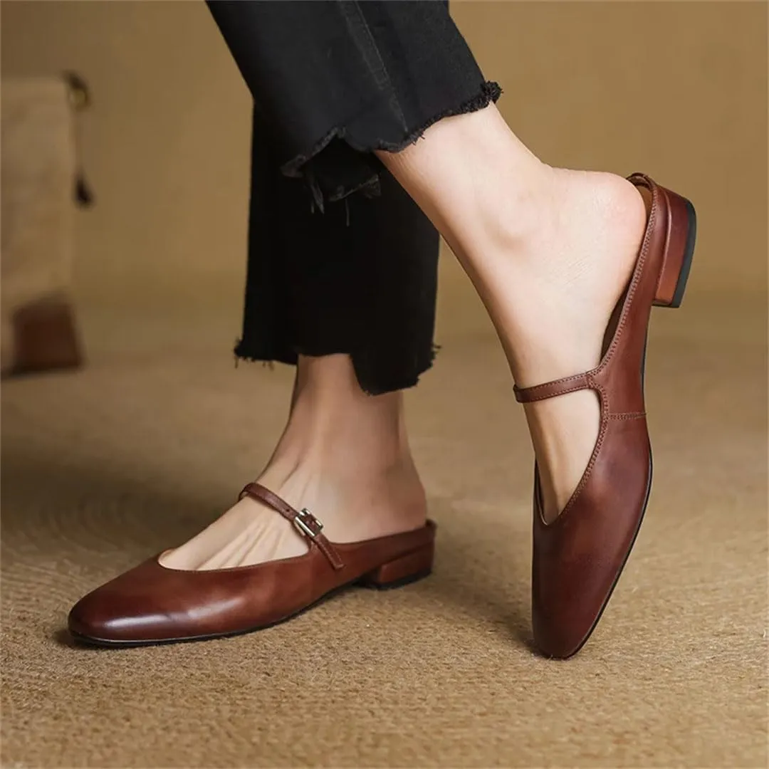 WomenS Leisure Genuine Leather Squared Toe Covered Toe Low Square Heel Buckle Mules