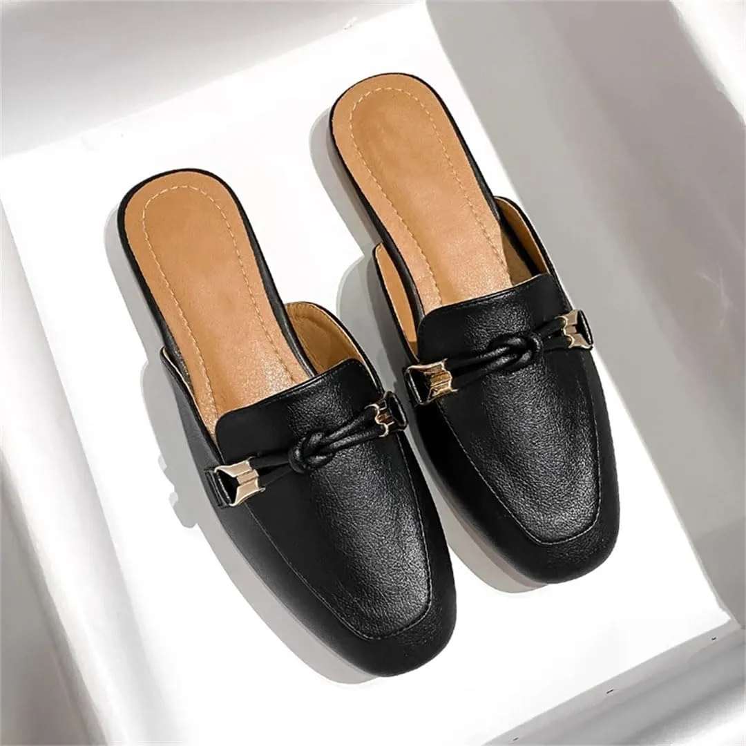 WomenS Leisure Microfiber Leather Square Heel Low Heel Toe Covered Metal Buckle Mules