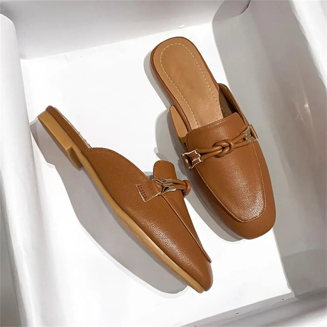 WomenS Leisure Microfiber Leather Square Heel Low Heel Toe Covered Metal Buckle Mules
