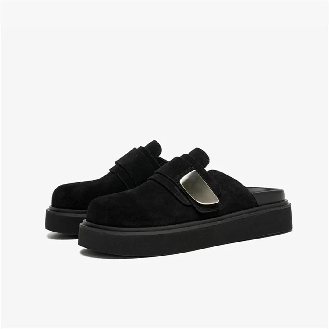 WomenS Leisure Style Slip-On Mid Heel Platform Suede Buckle Detail Mules for Daily Shopping and Walking