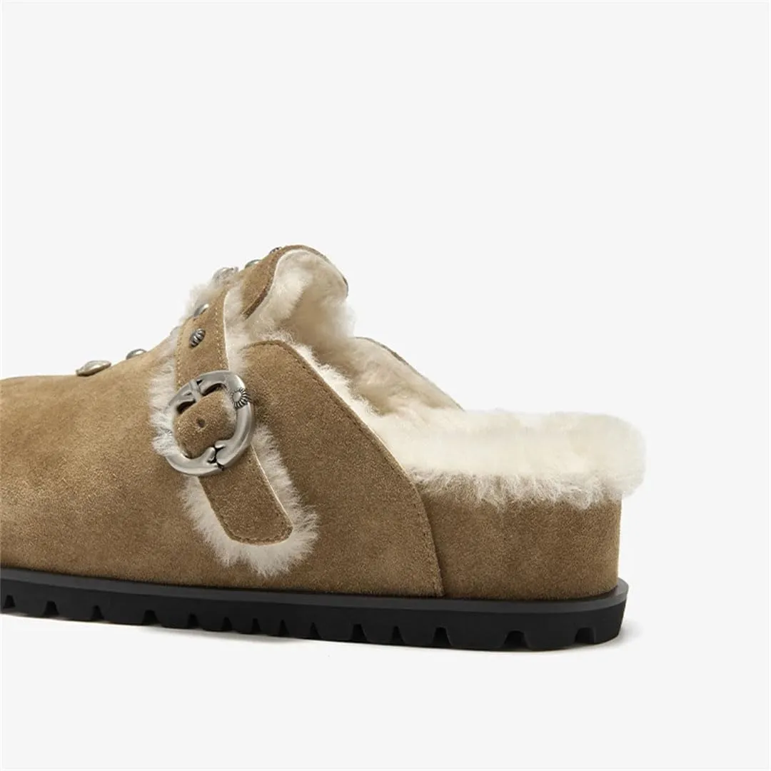 WomenS Leisure Style Slip-On Round Toe Suede Wool Lined Square Buckle High Heel Mules for Daily Shopping and Walking
