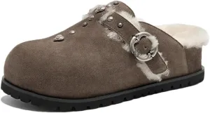 WomenS Leisure Style Slip-On Round Toe Suede Wool Lined Square Buckle High Heel Mules for Daily Shopping and Walking