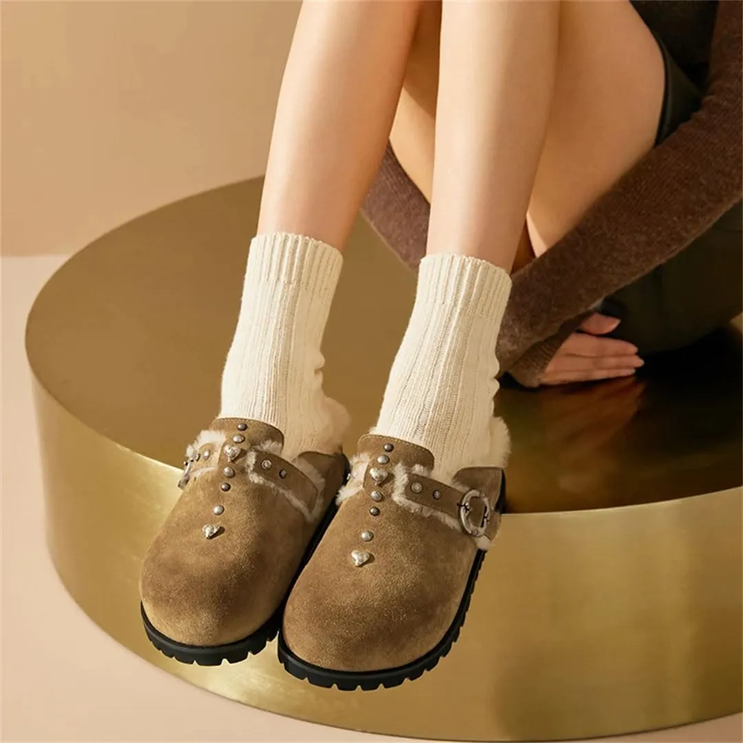 WomenS Leisure Style Slip-On Round Toe Suede Wool Lined Square Buckle High Heel Mules for Daily Shopping and Walking
