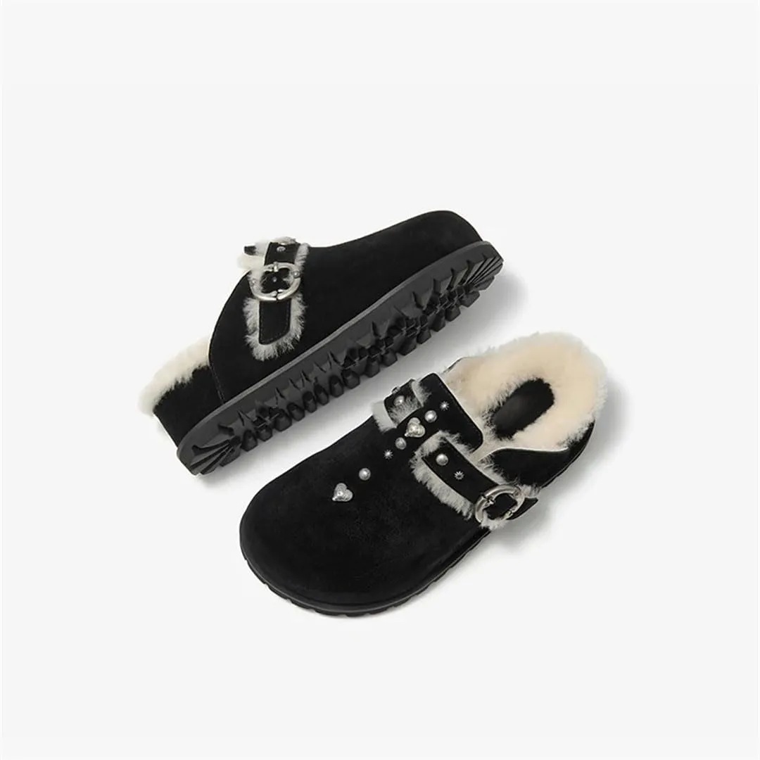 WomenS Leisure Style Slip-On Round Toe Suede Wool Lined Square Buckle High Heel Mules for Daily Shopping and Walking