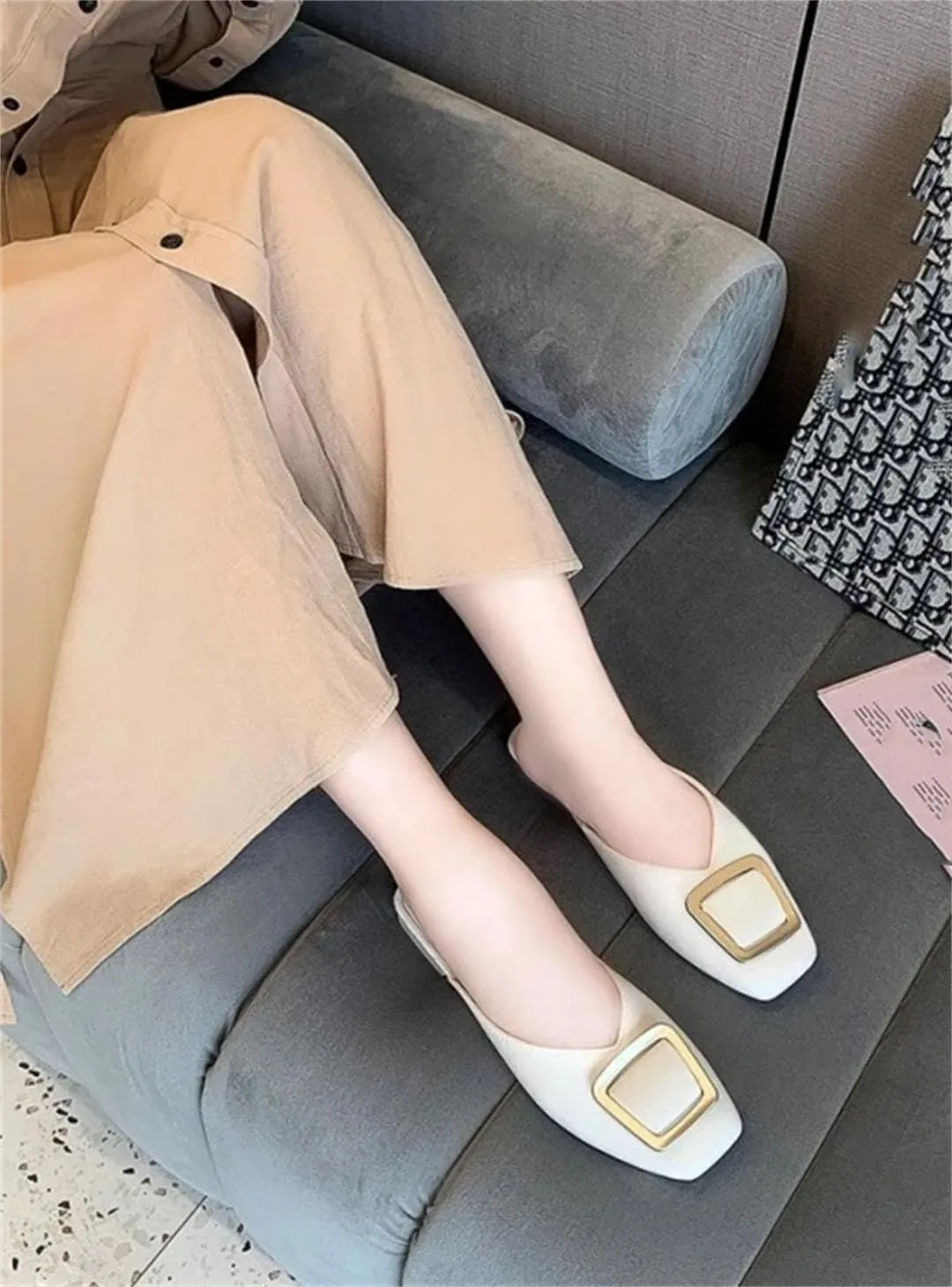 WomenS Low Square Heel Pull On Leisure Fashion Metal Decoration Mules for Daily Shopping and Walking