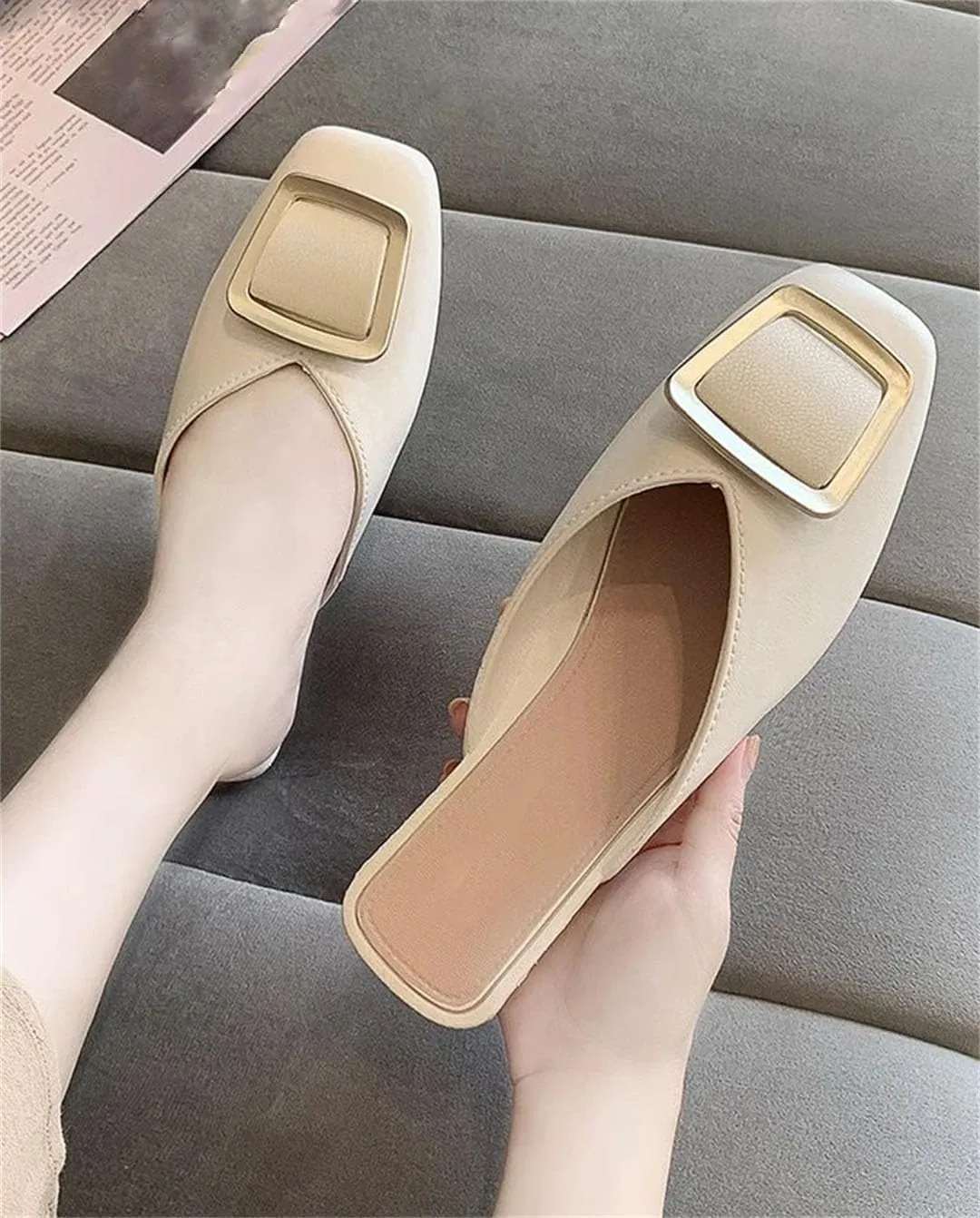 WomenS Low Square Heel Pull On Leisure Fashion Metal Decoration Mules for Daily Shopping and Walking