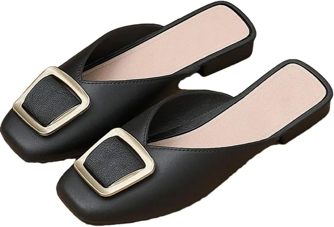WomenS Low Square Heel Pull On Leisure Fashion Metal Decoration Mules for Daily Shopping and Walking