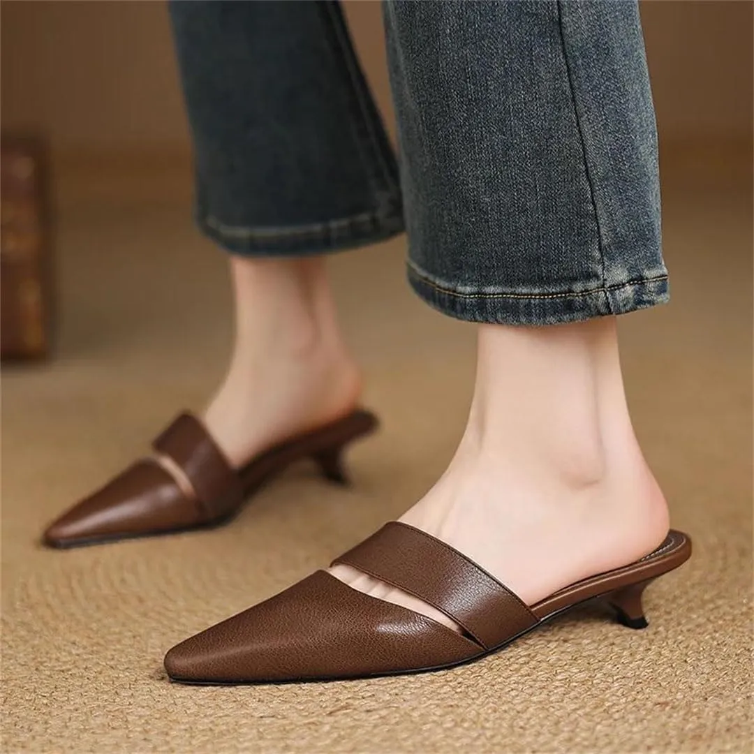 WomenS Modern Pointed Toe Pull On Thin Heel Genuine Leather Shallow Mules for Daily Shopping and Walking