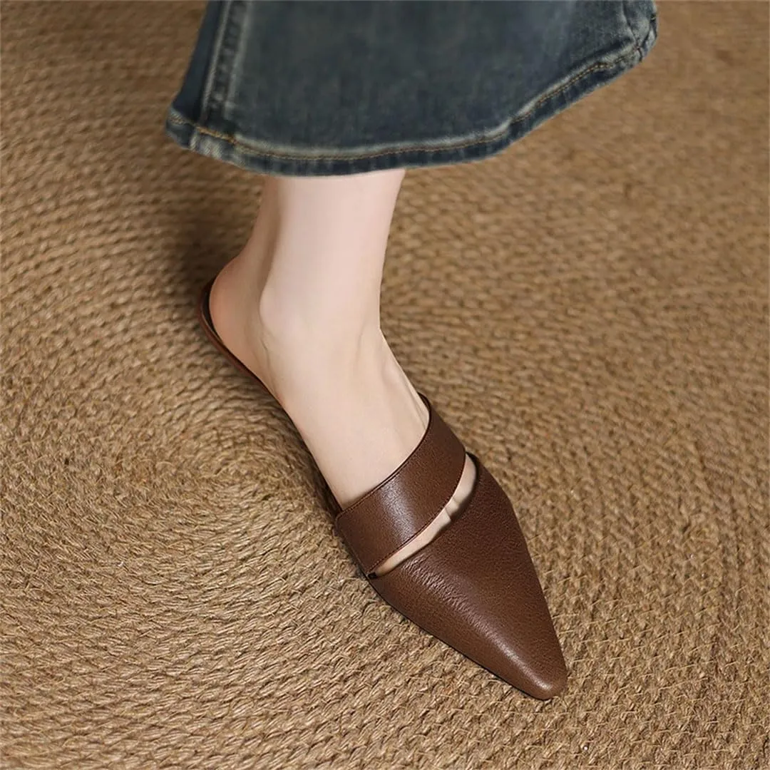 WomenS Modern Pointed Toe Pull On Thin Heel Genuine Leather Shallow Mules for Daily Shopping and Walking