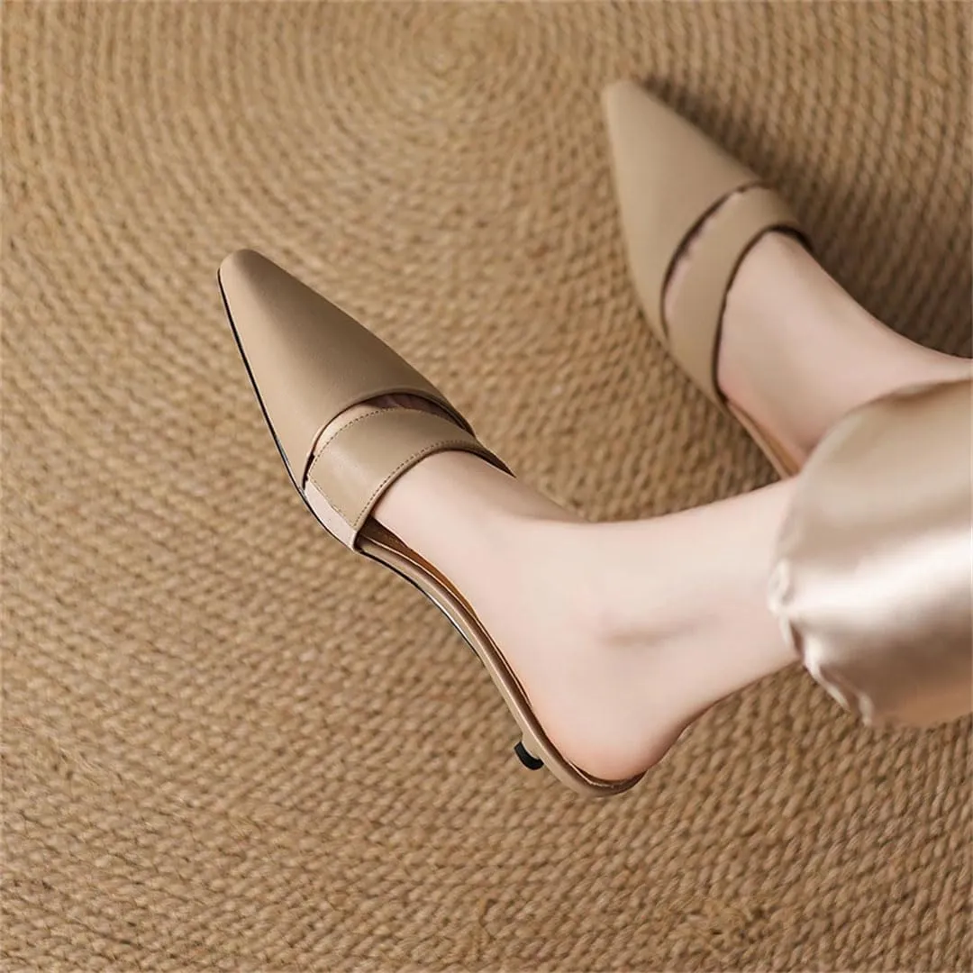 WomenS Modern Pointed Toe Pull On Thin Heel Genuine Leather Shallow Mules for Daily Shopping and Walking