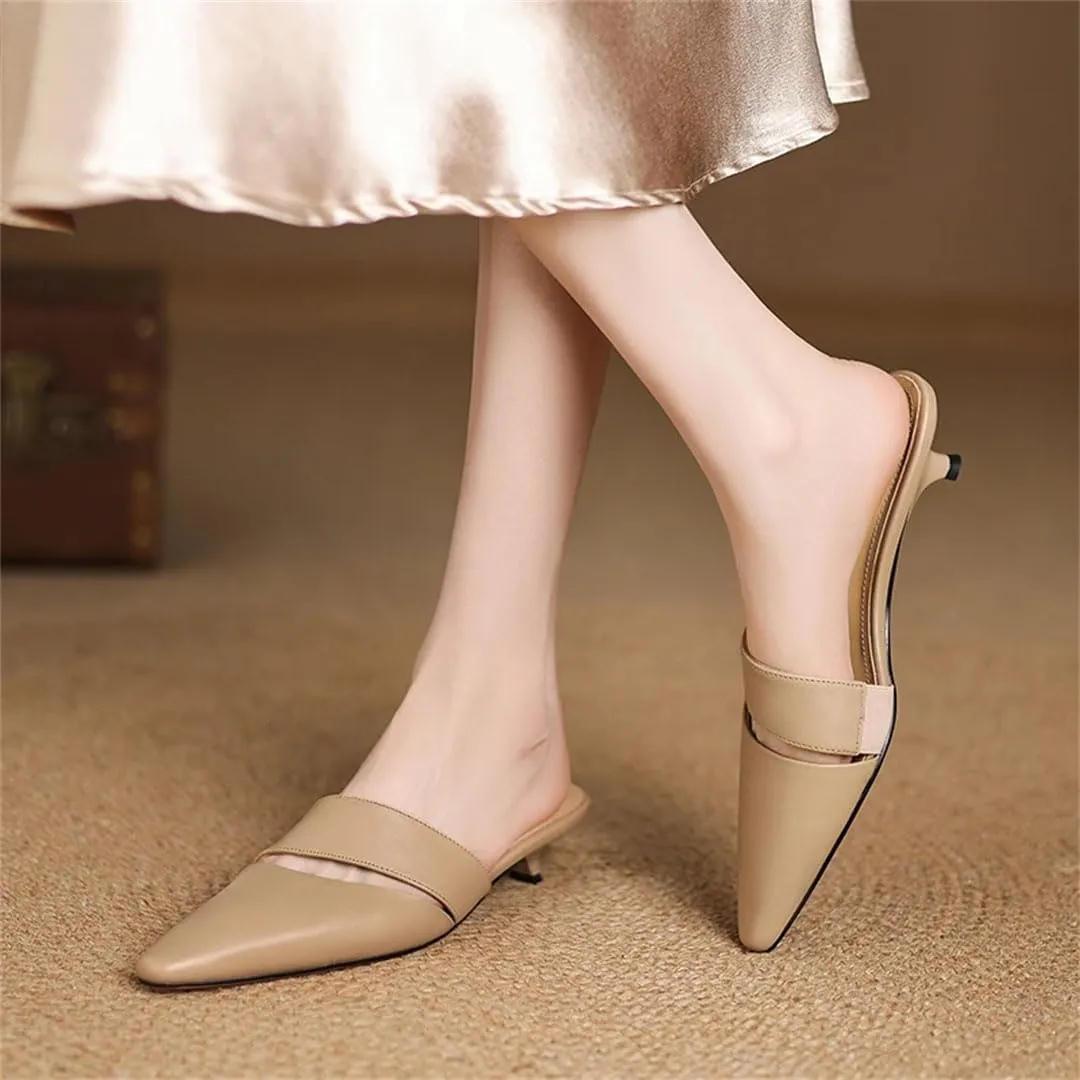 WomenS Modern Pointed Toe Pull On Thin Heel Genuine Leather Shallow Mules for Daily Shopping and Walking
