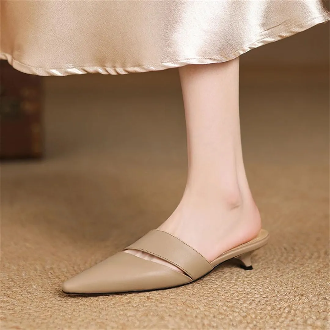 WomenS Modern Pointed Toe Pull On Thin Heel Genuine Leather Shallow Mules for Daily Shopping and Walking