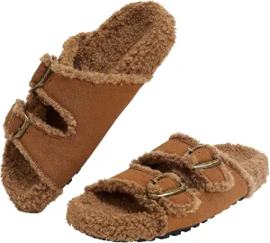 Womens Open Toe Slippers Fuzzy Warm Indoor House Winter Shoes Slippers for Womens Slide Sandals with Adjustable Buckles
