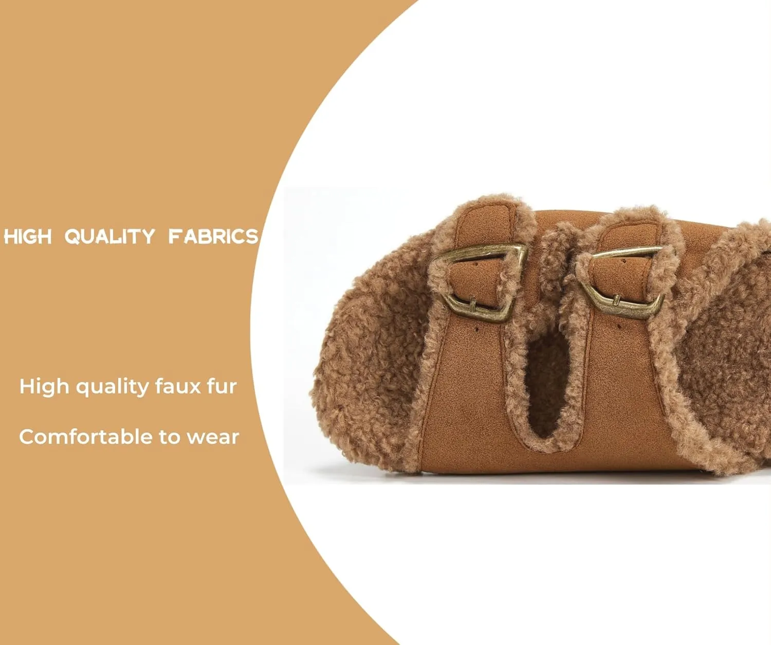 Womens Open Toe Slippers Fuzzy Warm Indoor House Winter Shoes Slippers for Womens Slide Sandals with Adjustable Buckles