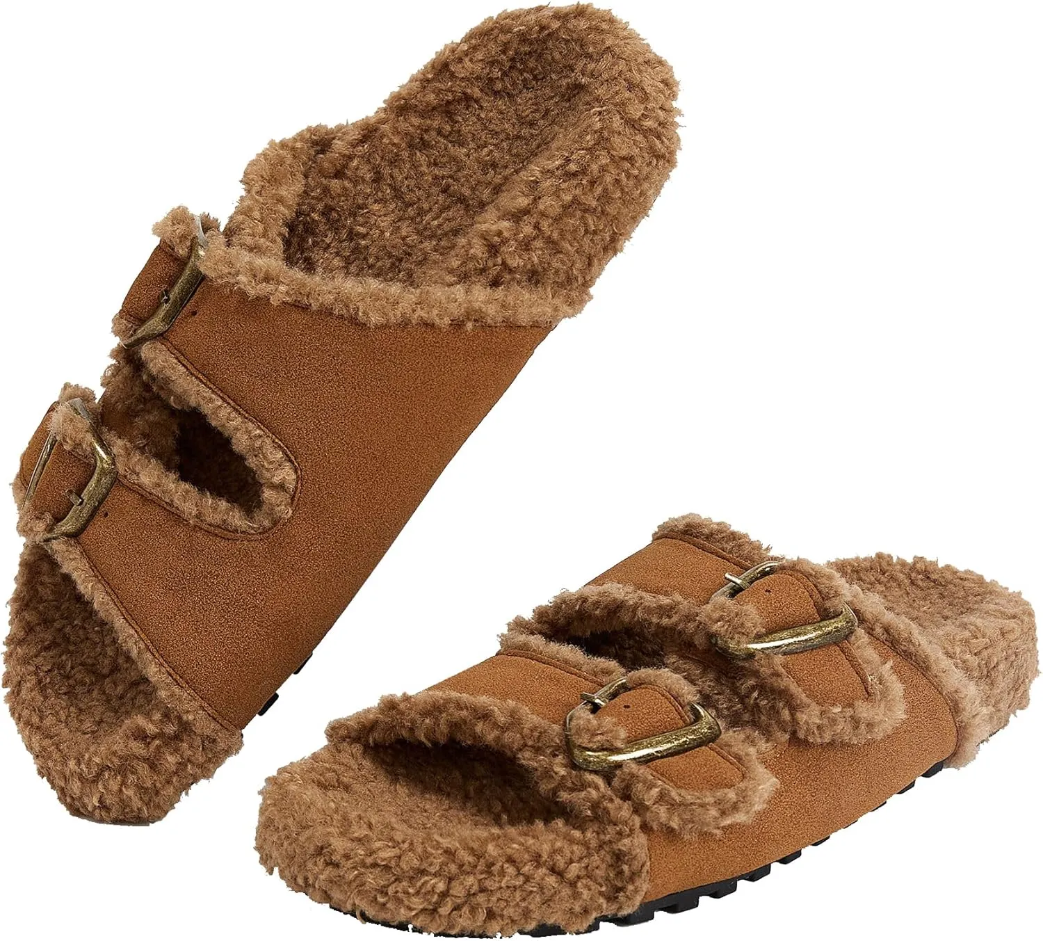 Womens Open Toe Slippers Fuzzy Warm Indoor House Winter Shoes Slippers for Womens Slide Sandals with Adjustable Buckles
