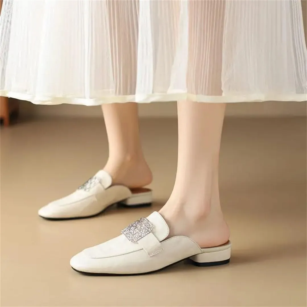 WomenS Plus Size Genuine Leather Round Toe Square Heel Pull On 2.5Cm Low Heel Neutral Mules