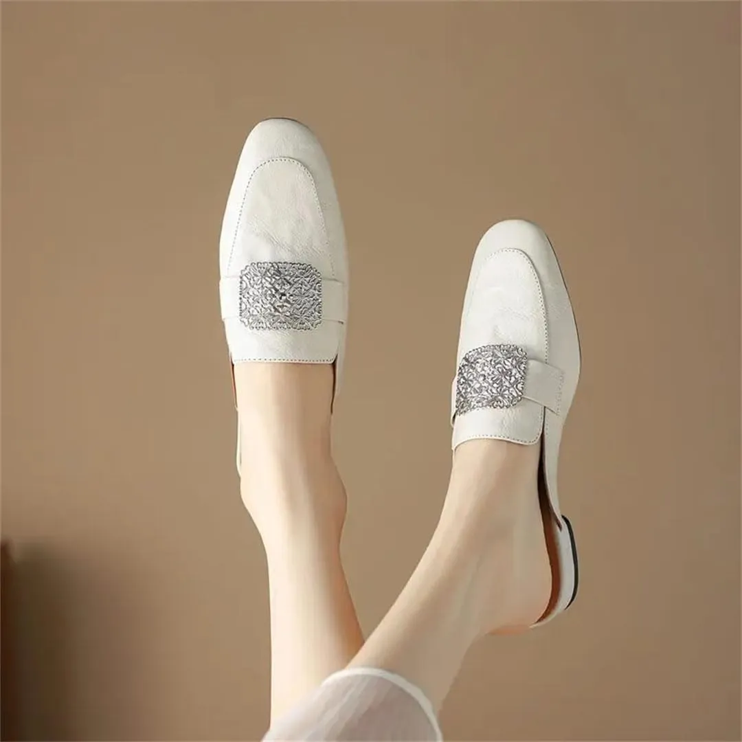 WomenS Plus Size Genuine Leather Round Toe Square Heel Pull On 2.5Cm Low Heel Neutral Mules