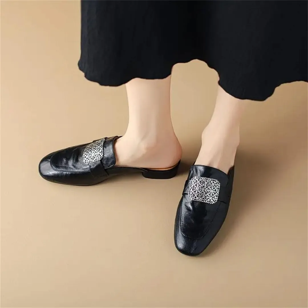 WomenS Plus Size Genuine Leather Round Toe Square Heel Pull On 2.5Cm Low Heel Neutral Mules