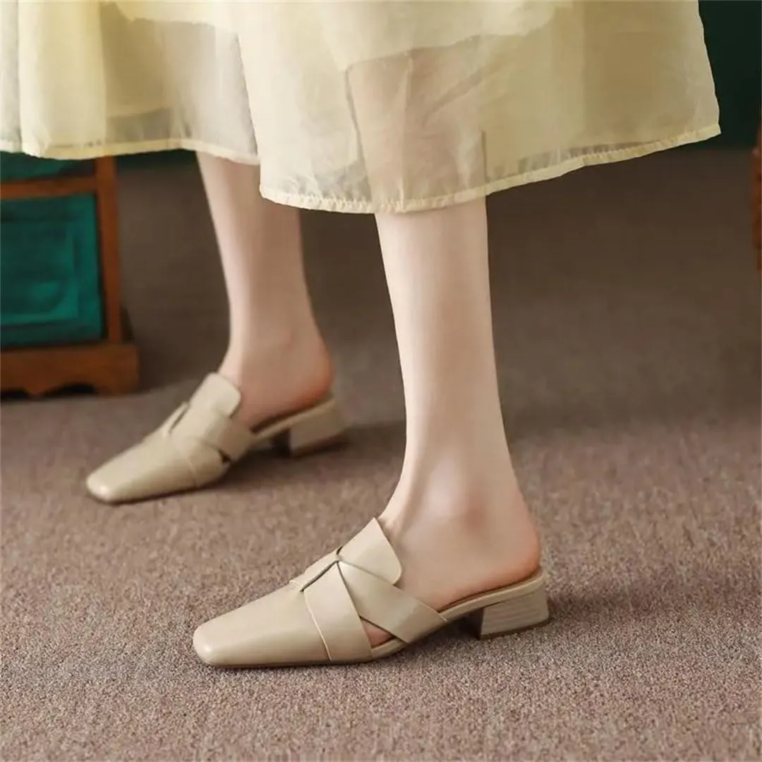 WomenS Plus Size Genuine Leather Upper Synthetic Lined Square Heel Pull On 3Cm Low Heel Street Style Mules
