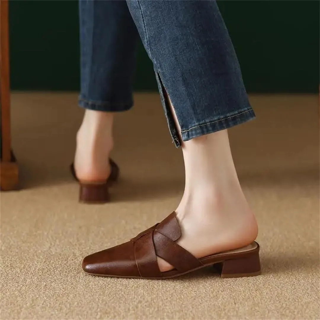 WomenS Plus Size Genuine Leather Upper Synthetic Lined Square Heel Pull On 3Cm Low Heel Street Style Mules